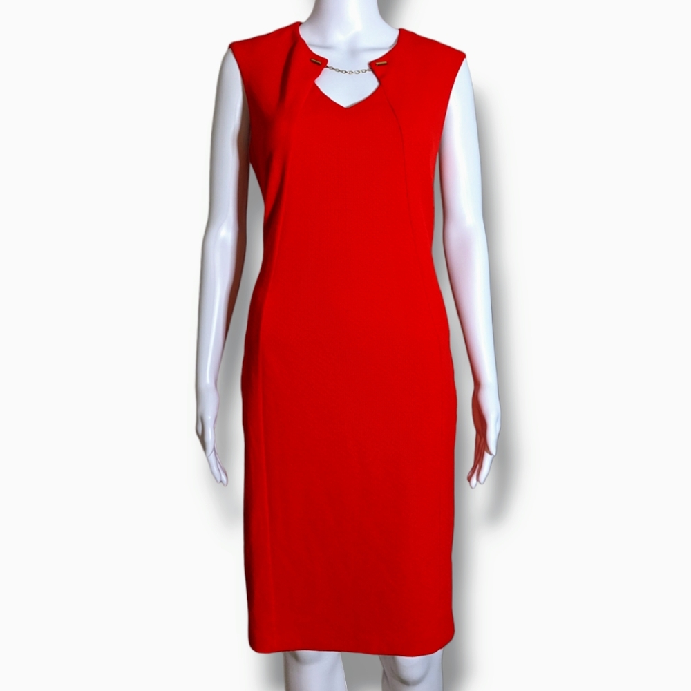 Calvin Klein | Red Embellished Gold Chain Hardware Sheath Dress Women's Size 10 - Picture 1 of 5